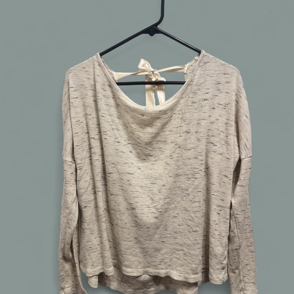 Aerie Cream Waffle Knit Open Back Bow Tie Top Large Slouchy Long Sleeve